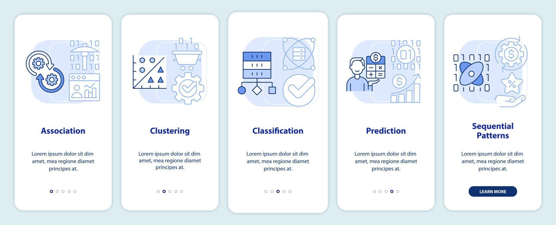 Data-Mining-Techniken hellblauer Onboarding-Bildschirm für mobile Apps. Virtuelle Komplettlösung 5 Schritte grafische Anleitungsseiten mit linearen Konzepten. ui, ux, gui-Vorlage. vektor