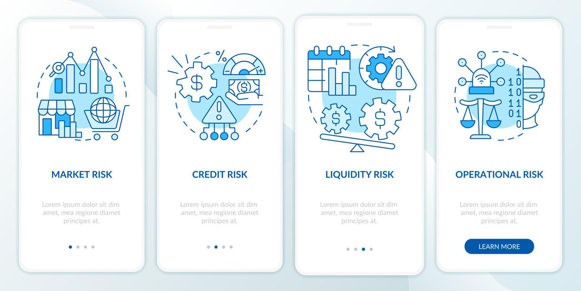risikokategorien blauer onboarding-bildschirm der mobilen app. Business Safety Plan Walkthrough 4 Schritte grafische Anleitungsseiten mit linearen Konzepten. ui, ux, gui-Vorlage. vektor