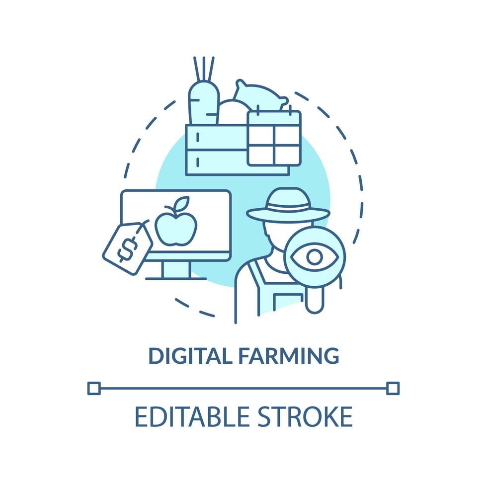 Symbol für das türkisfarbene Konzept der digitalen Landwirtschaft. landwirtschaftliche Produkte online kaufen. digitale erste abstrakte Idee dünne Linie Illustration. isolierte Umrisszeichnung. editierbarer Strich. vektor