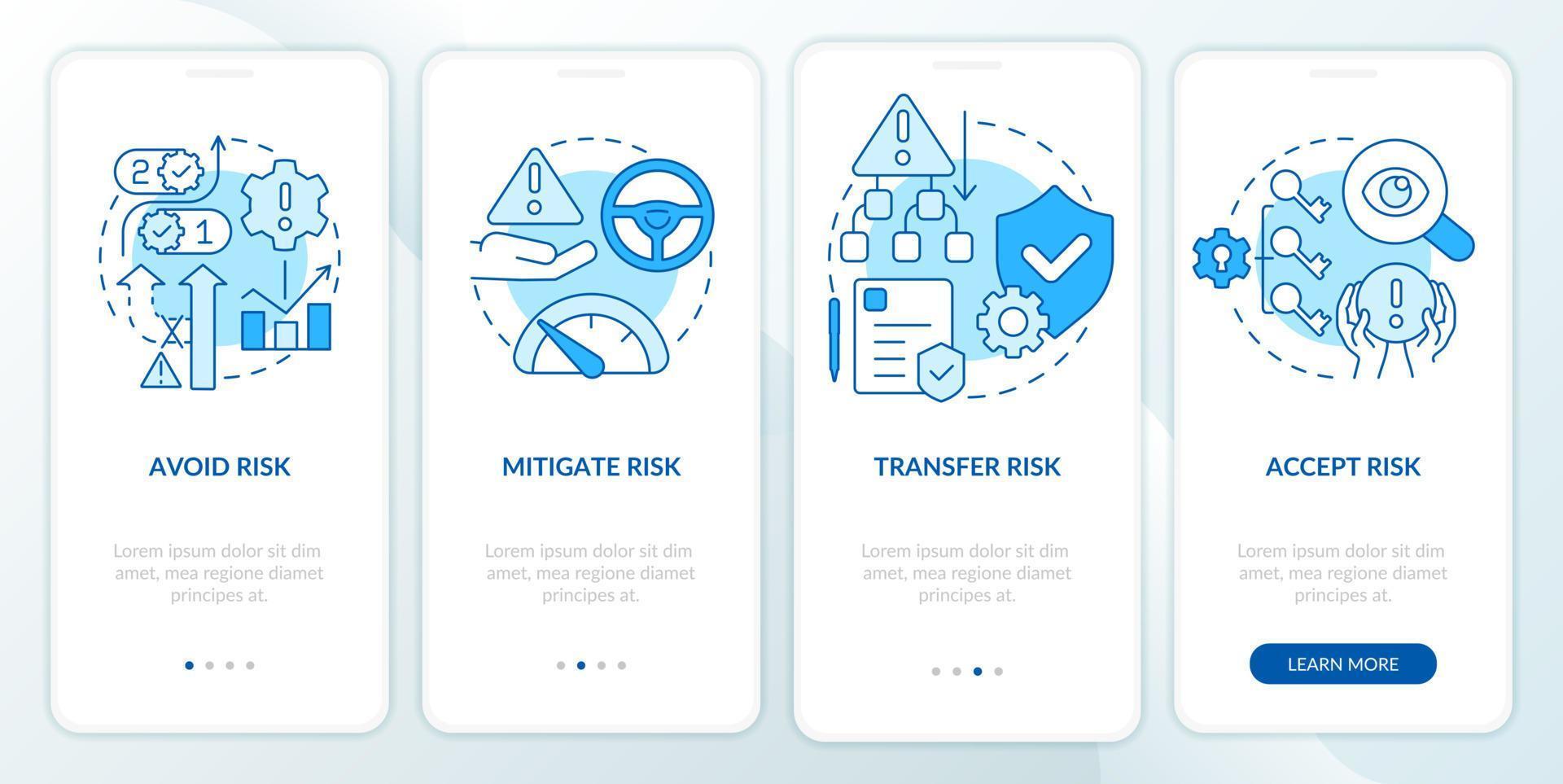 risk förvaltning steg blå onboarding mobil app skärm. lösning problem genomgång 4 steg grafisk instruktioner sidor med linjär begrepp. ui, ux, gui mall. vektor