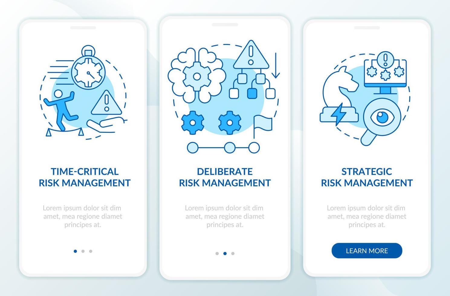 operativ risk förvaltning nivåer blå onboarding mobil app skärm. genomgång 3 steg grafisk instruktioner sidor med linjär begrepp. ui, ux, gui mall. vektor