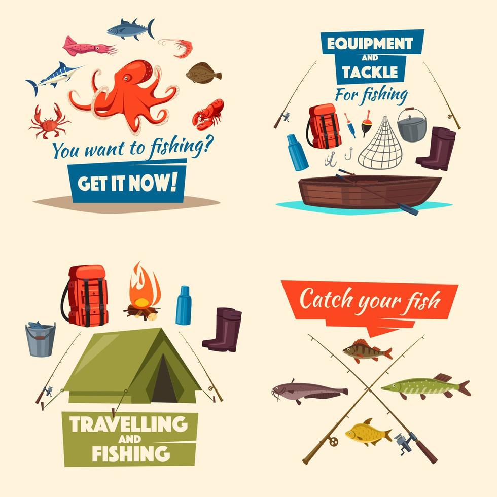 Fischerei-Icon-Set mit Boot, Tackle und Fischfang vektor