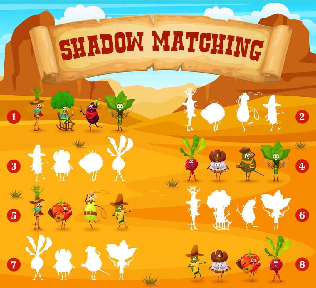 Shadow-Matching-Spiel mit Cartoon-Gemüse-Sheriff vektor