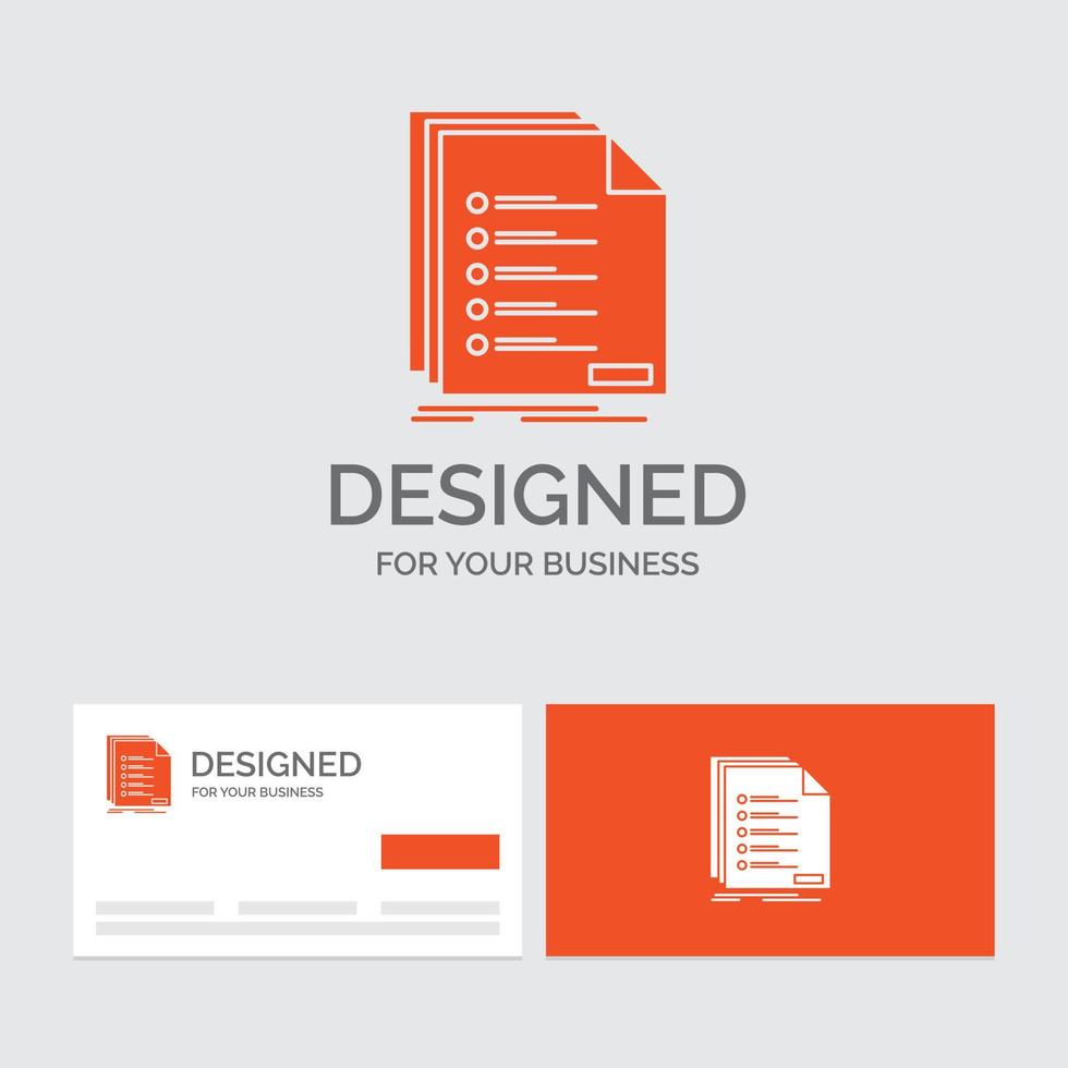 Business-Logo-Vorlage für die Überprüfung. Einreichung. aufführen. Auflistung. Anmeldung. orange visitenkarten mit markenlogo-vorlage. vektor