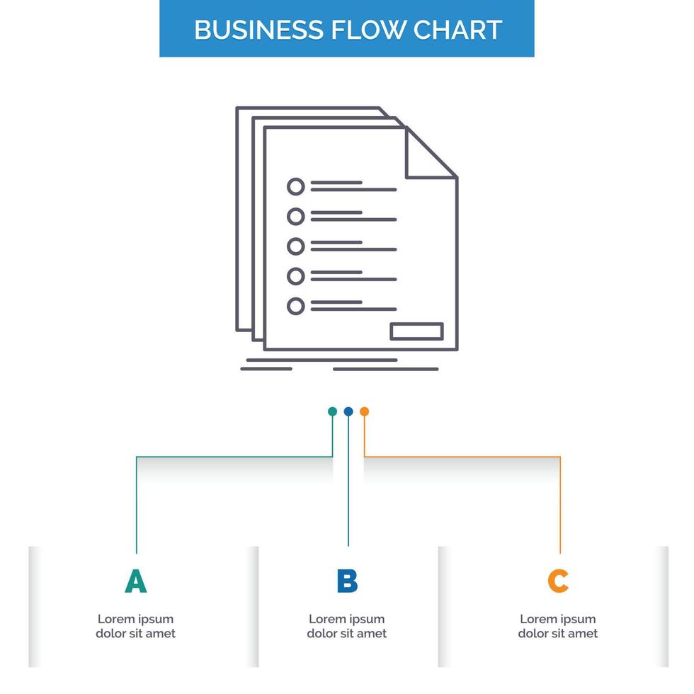 überprüfen. Einreichung. aufführen. Auflistung. Registrierung Business Flow Chart Design mit 3 Schritten. Liniensymbol für Präsentation Hintergrundvorlage Platz für Text vektor