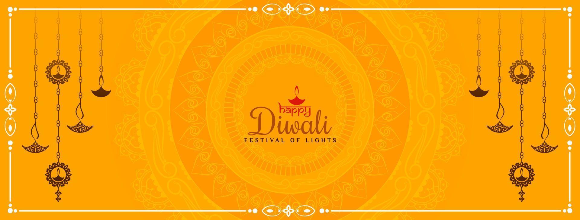 fröhliches diwali-fest gelbes banner mit hängenden lampendesign vektor