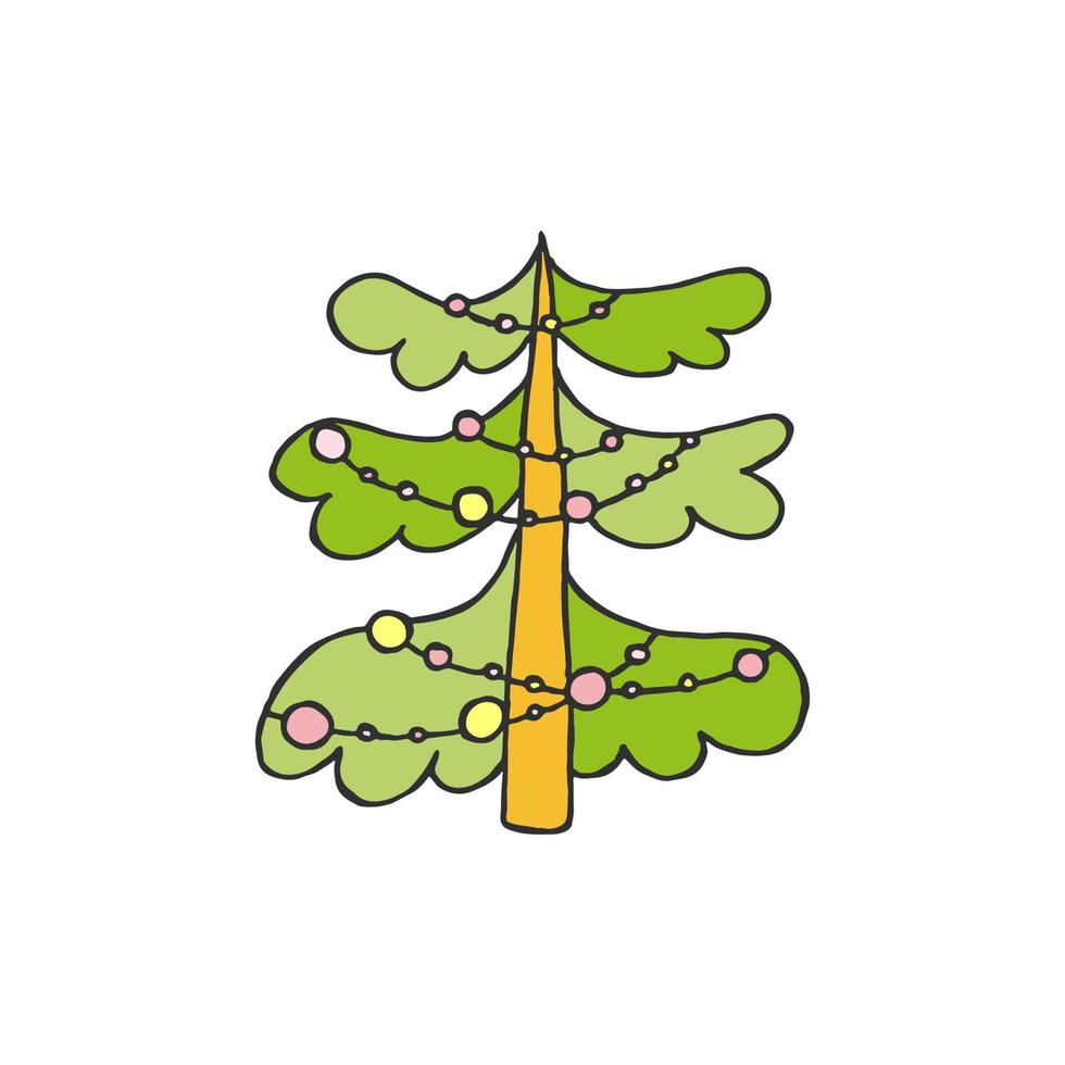 en handritad julgran. färgad vektorillustration i doodle stil. vinterstämning. hej 2023. god jul och gott nytt år. grönt träd med en gul och rosa leksaker på en vit bakgrund. vektor