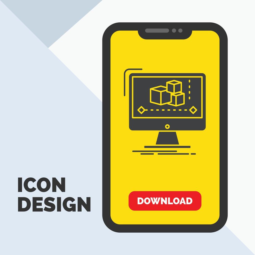 Animation. Computer. Editor. Monitor. Software-Glyphen-Symbol in Mobile für Download-Seite. gelber Hintergrund vektor