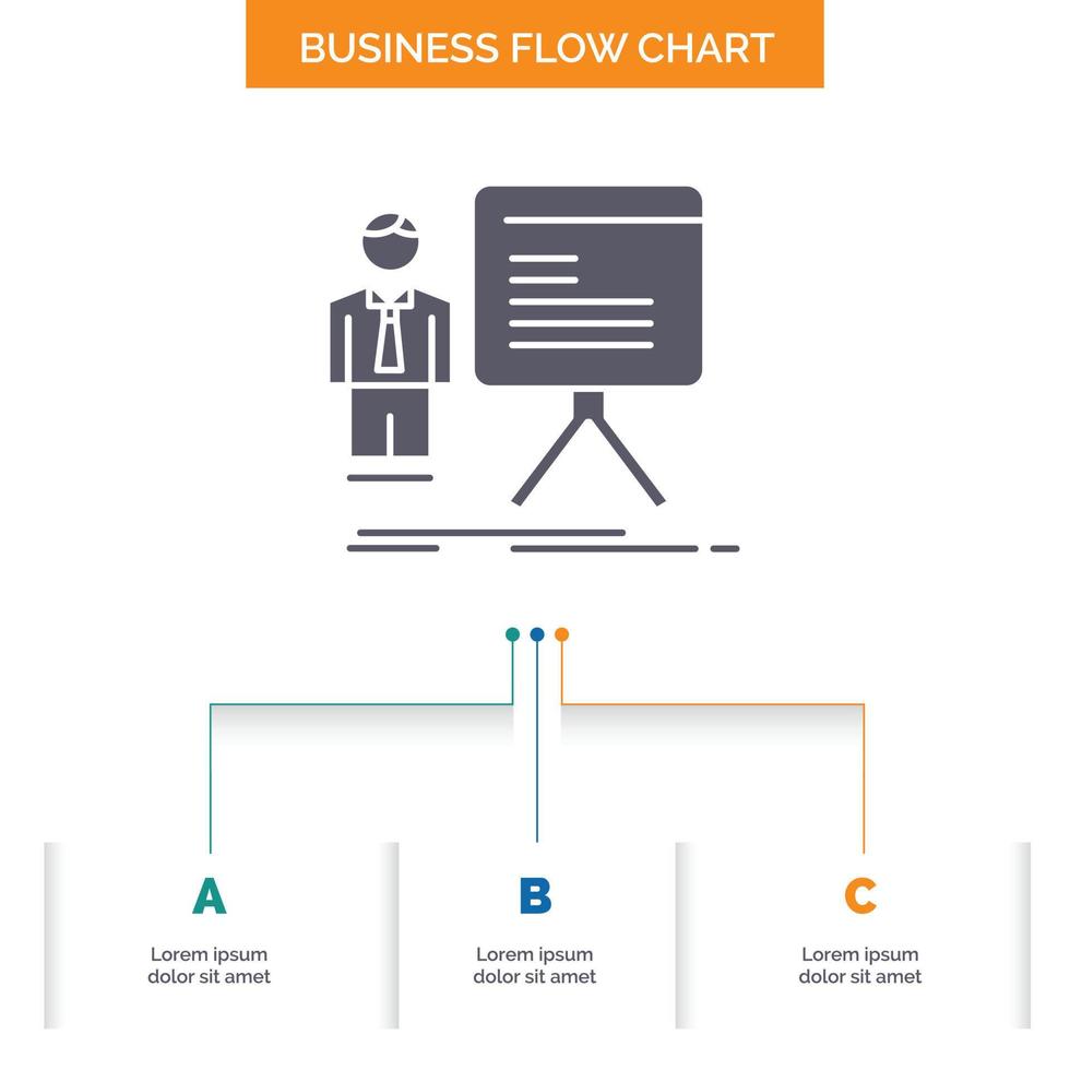 Präsentation. Geschäftsmann. Diagramm. Graph. Fortschritts-Business-Flussdiagramm-Design mit 3 Schritten. Glyphensymbol für Präsentationshintergrundvorlage Platz für Text. vektor