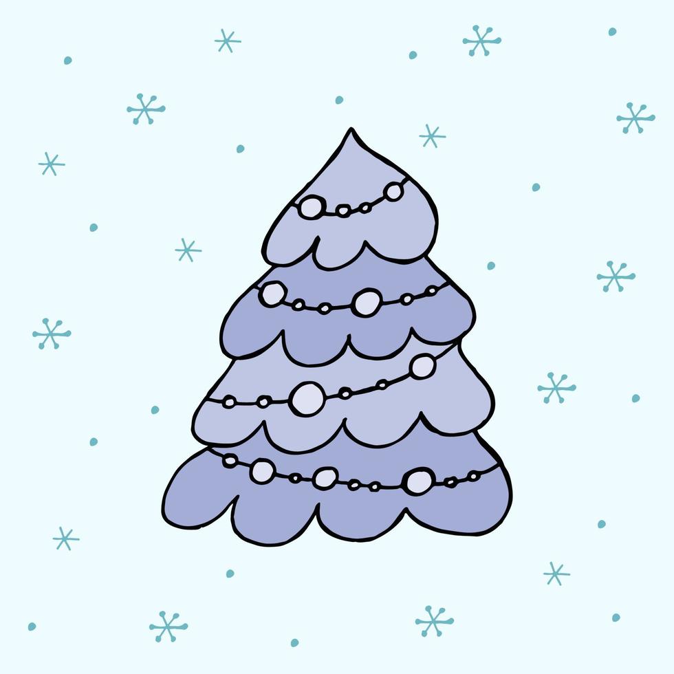 ein handgezeichneter Weihnachtsbaum. farbige Vektorillustration im Doodle-Stil. Winterstimmung. hallo 2023. frohe weihnachten und ein gutes neues jahr. Blauer Baum mit Spielzeug auf einem Hintergrund mit Schneeflocken. vektor