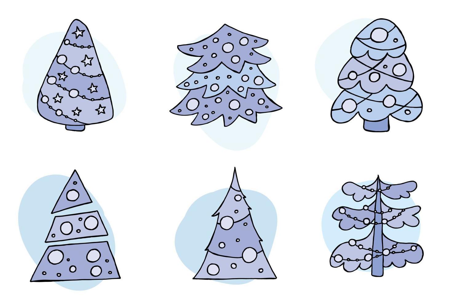 en handritad julgran. vektor illustration i doodle stil. vinterstämning. hej 2023. god jul och gott nytt år. blå träd med en leksaker på en vit bakgrund.