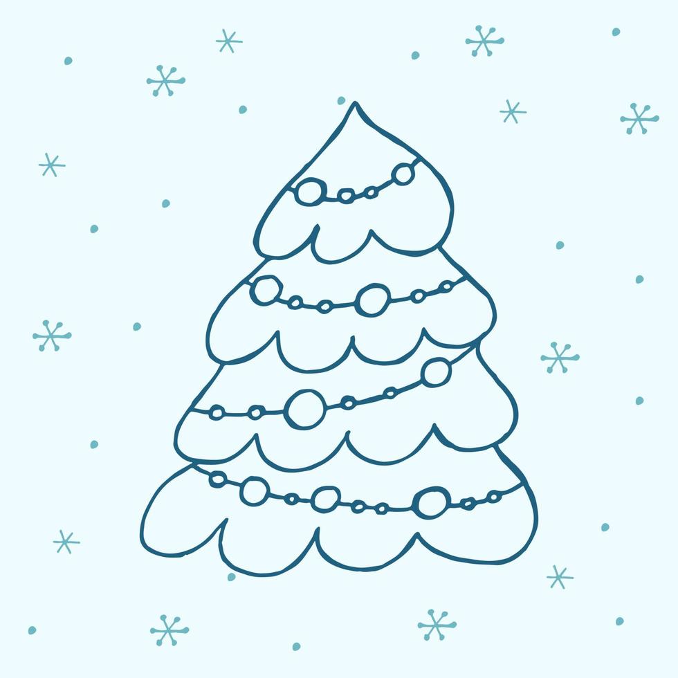 ein handgezeichneter Weihnachtsbaum. Vektorillustration im Doodle-Stil. Winterstimmung. hallo 2023. frohe weihnachten und ein gutes neues jahr. dunkelblaues Element mit Schneeflocken auf blauem Hintergrund. vektor