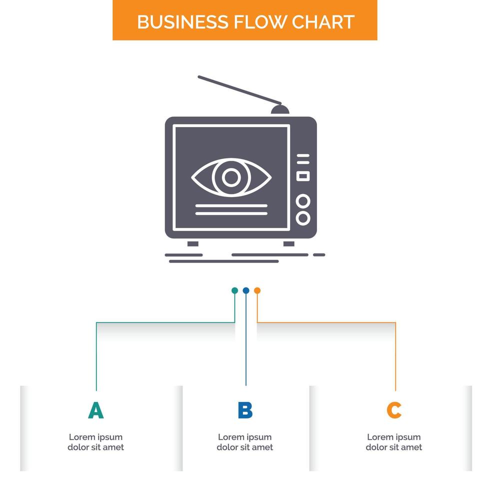 annons. utsända. marknadsföring. tv. TV företag strömma Diagram design med 3 steg. glyf ikon för presentation bakgrund mall plats för text. vektor