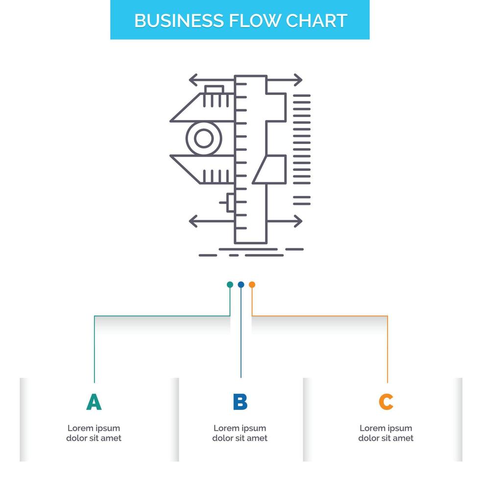 messen. Bremssattel. Bremssättel. Physik. Messung Business Flow Chart-Design mit 3 Schritten. Liniensymbol für Präsentation Hintergrundvorlage Platz für Text vektor
