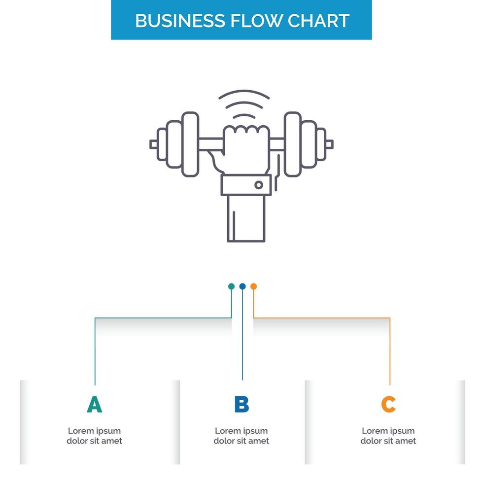 Hantel. gewinnen. Heben. Energie. Sport Business Flussdiagramm-Design mit 3 Schritten. Liniensymbol für Präsentation Hintergrundvorlage Platz für Text vektor