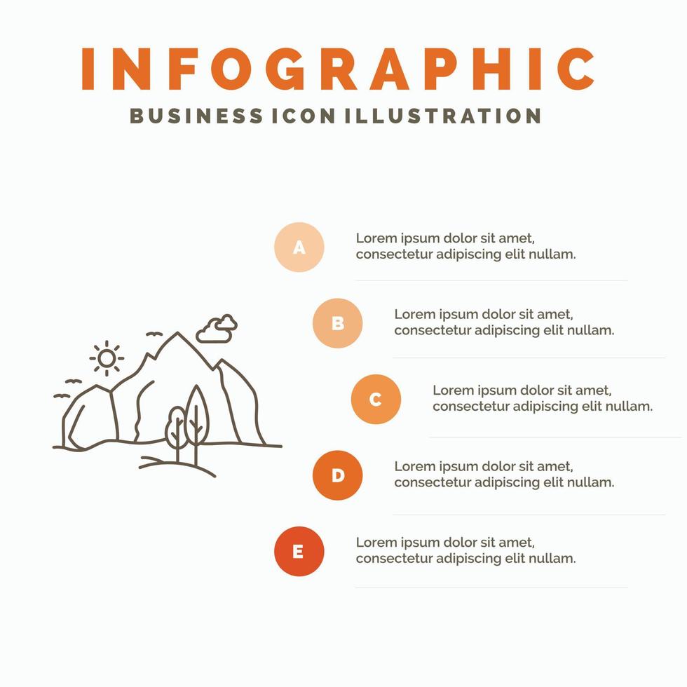 kulle. landskap. natur. berg. träd infographics mall för hemsida och presentation. linje grå ikon med orange infographic stil vektor illustration