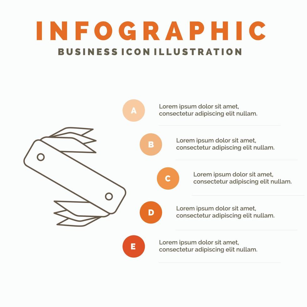 kniv. armén. camping. schweiziska. ficka infographics mall för hemsida och presentation. linje grå ikon med orange infographic stil vektor illustration