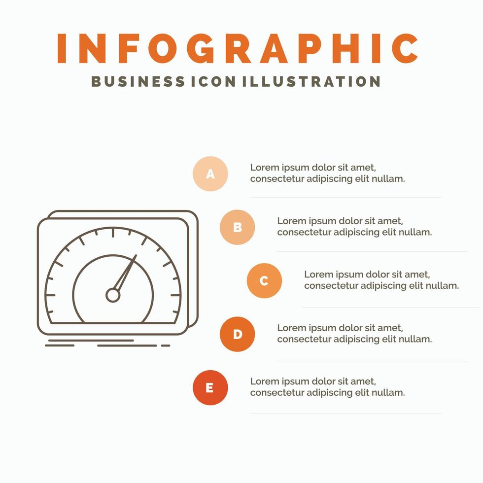 instrumentbräda. enhet. fart. testa. internet infographics mall för hemsida och presentation. linje grå ikon med orange infographic stil vektor illustration