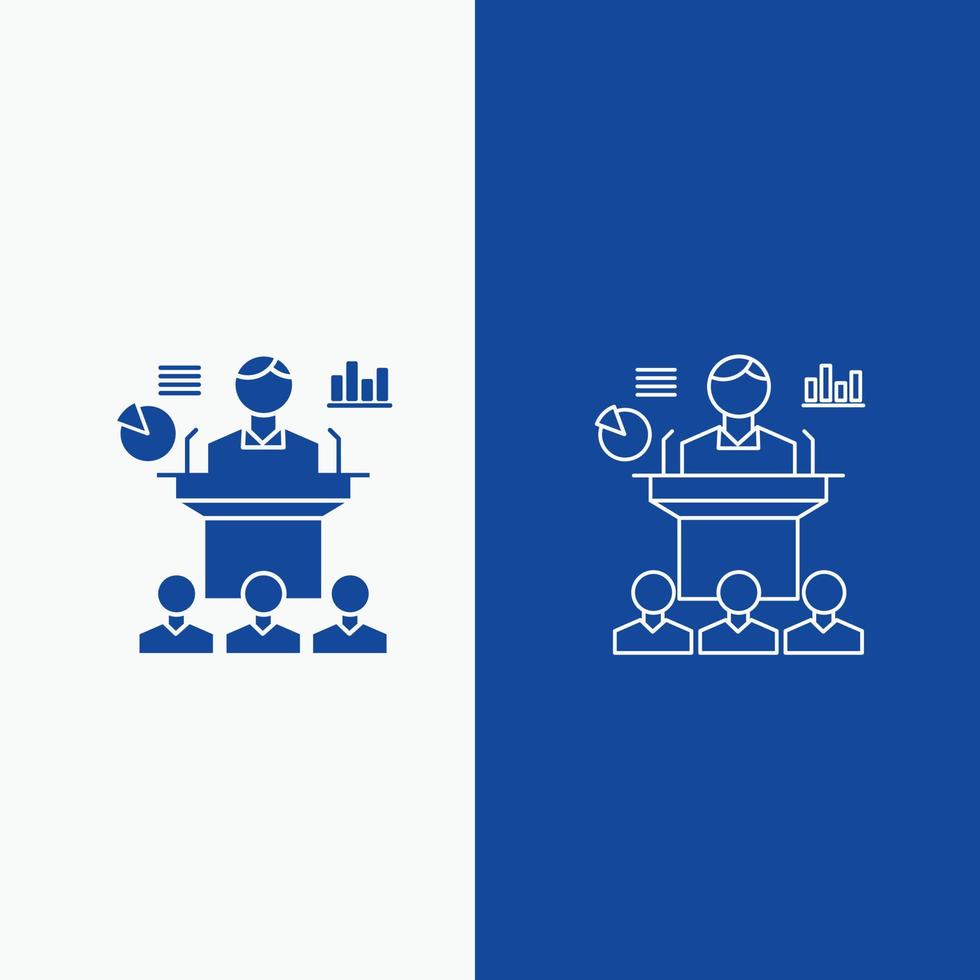 företag. konferens. konvent. presentation. seminarium linje och glyf webb knapp i blå Färg vertikal baner för ui och ux. hemsida eller mobil Ansökan vektor
