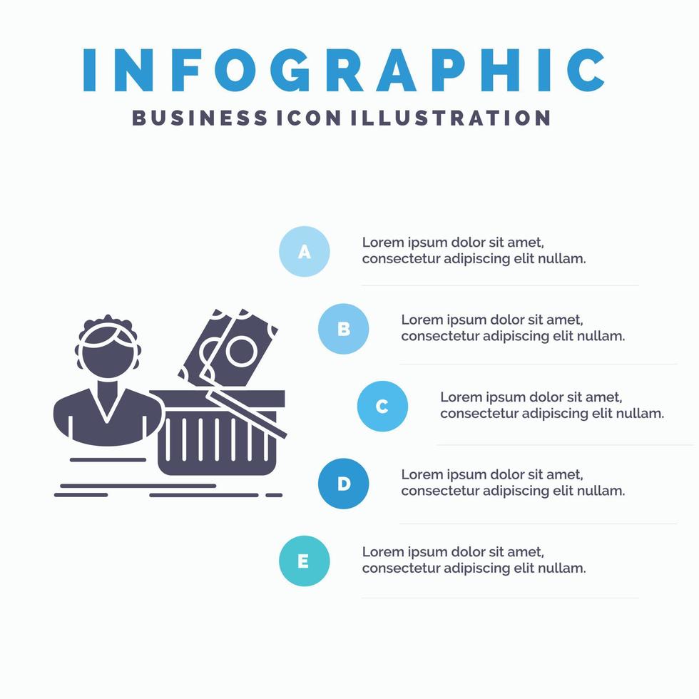 lön. handla. korg. handla. kvinna infographics mall för hemsida och presentation. glyf grå ikon med blå infographic stil vektor illustration.