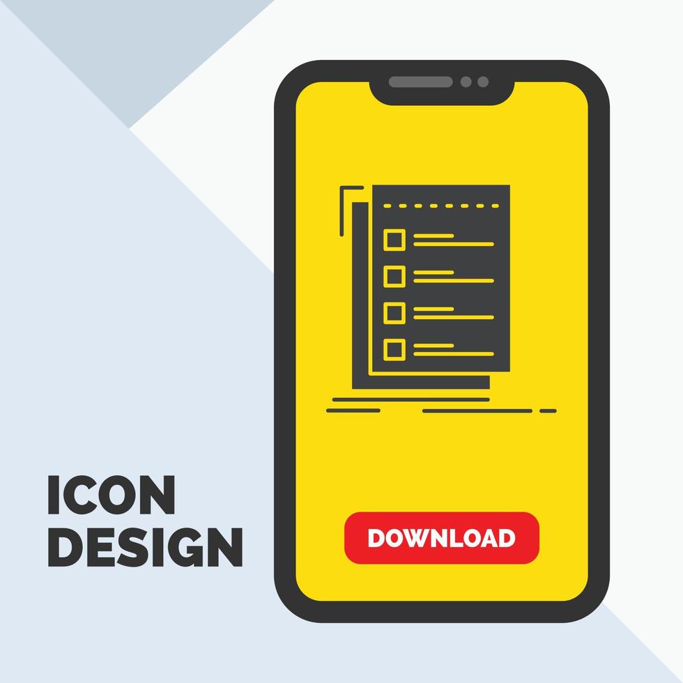 überprüfen. Checkliste. aufführen. Aufgabe. to do glyph icon in mobile for download page. gelber Hintergrund vektor