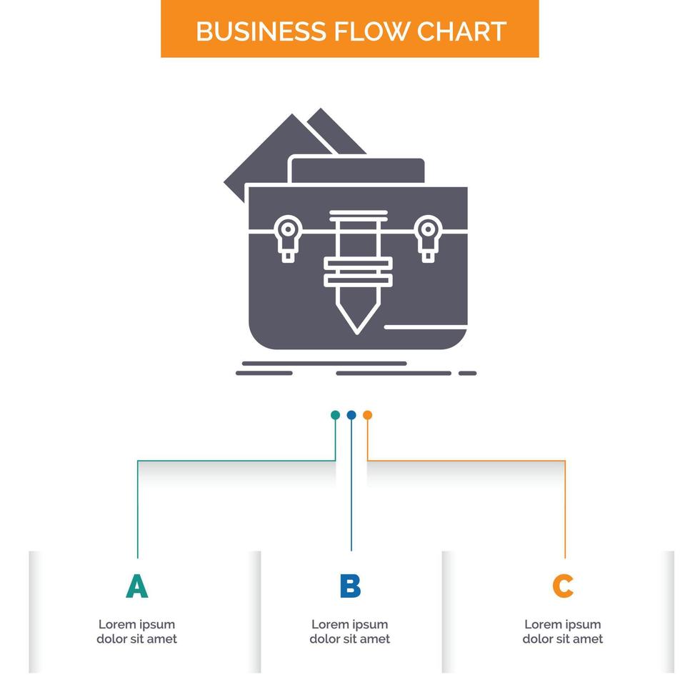 Portfolio. Tasche. Datei. Mappe. Aktenkoffer-Business-Flow-Chart-Design mit 3 Schritten. Glyphensymbol für Präsentationshintergrundvorlage Platz für Text. vektor