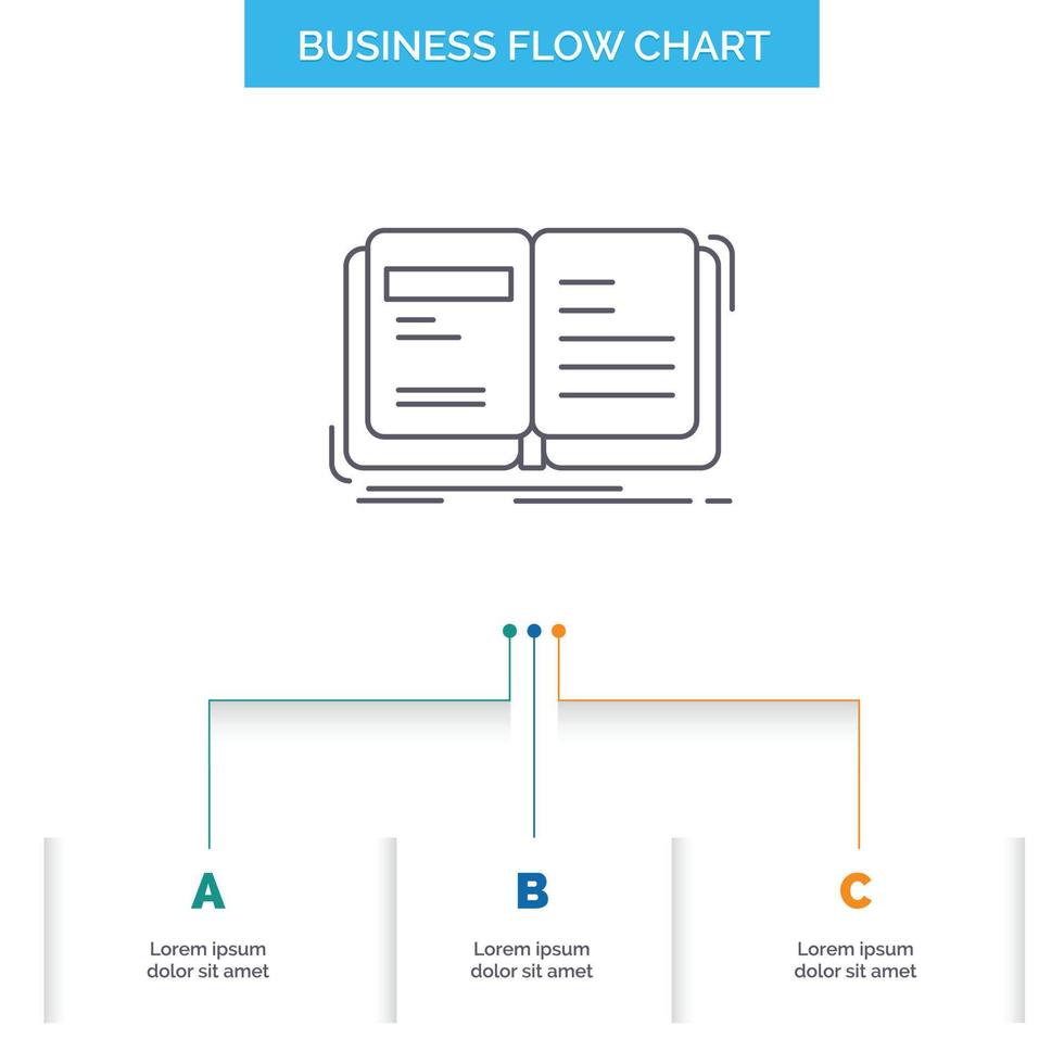 Autor. Buchen. offen. Geschichte. Storytelling Business Flow Chart Design mit 3 Schritten. Liniensymbol für Präsentation Hintergrundvorlage Platz für Text vektor