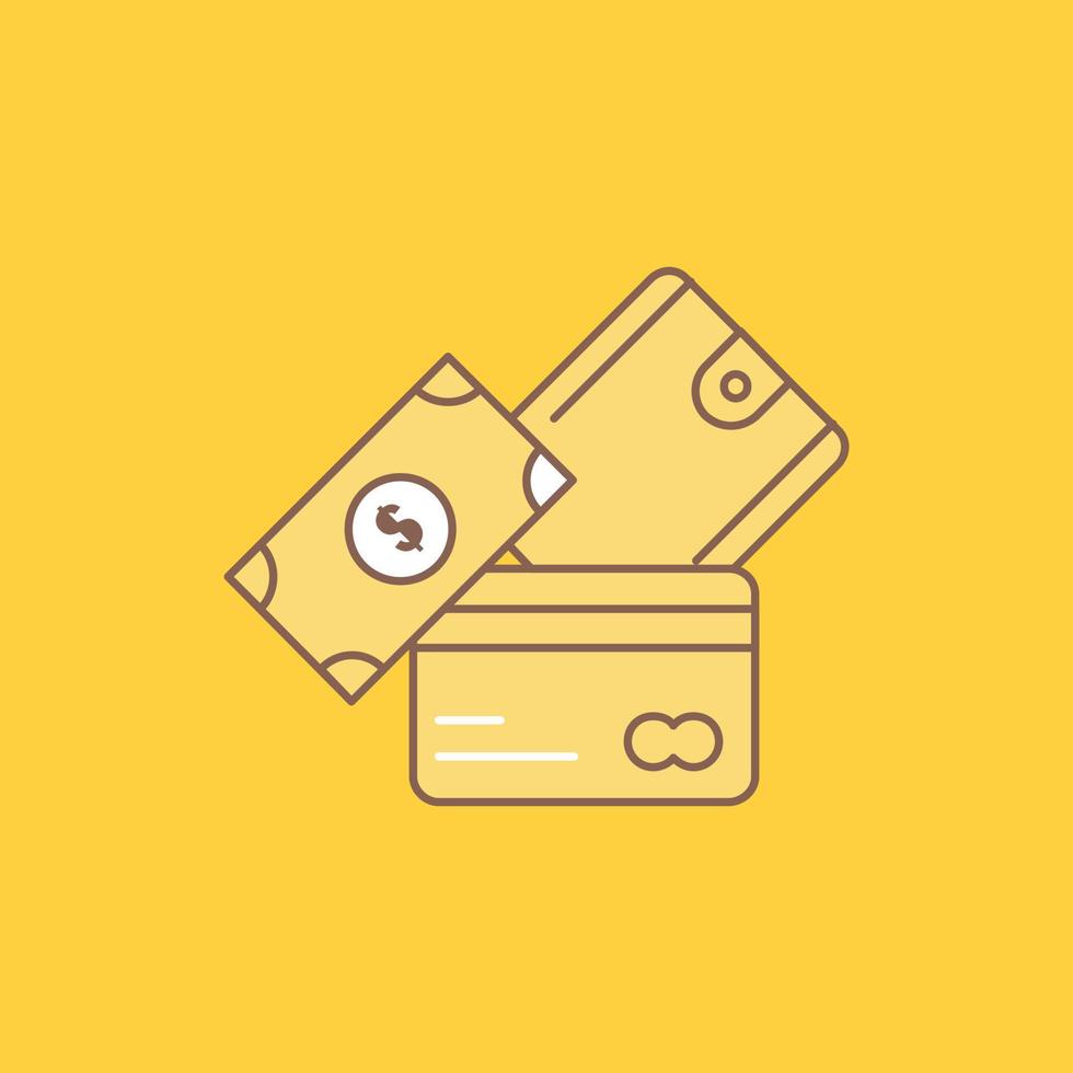Kreditkarte. Geld. Währung. Dollar. Brieftasche mit flacher Linie gefülltes Symbol. schöne logo-schaltfläche auf gelbem hintergrund für ui und ux. Website oder mobile Anwendung vektor