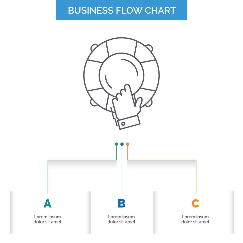 Notfall. bewachen. Hilfe. Versicherung. Rettungsring-Business-Flow-Chart-Design mit 3 Schritten. Liniensymbol für Präsentation Hintergrundvorlage Platz für Text vektor