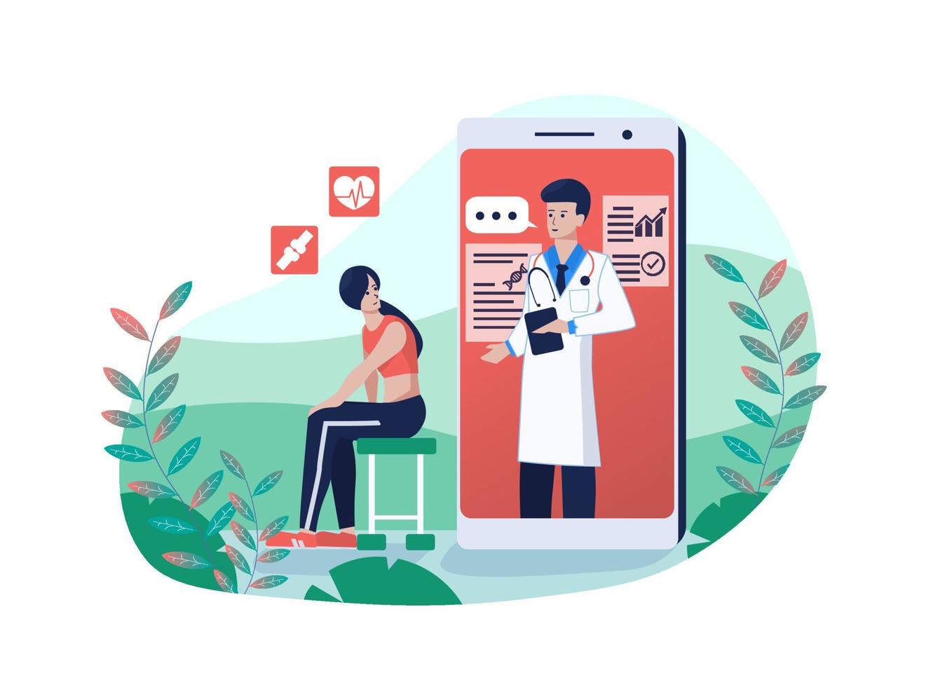 kvinna har ett uppkopplad samråd med professionell läkare på smartphone. illustration av medicinsk teknologi, sjukvård och uppkopplad läkare samråd begrepp vektor