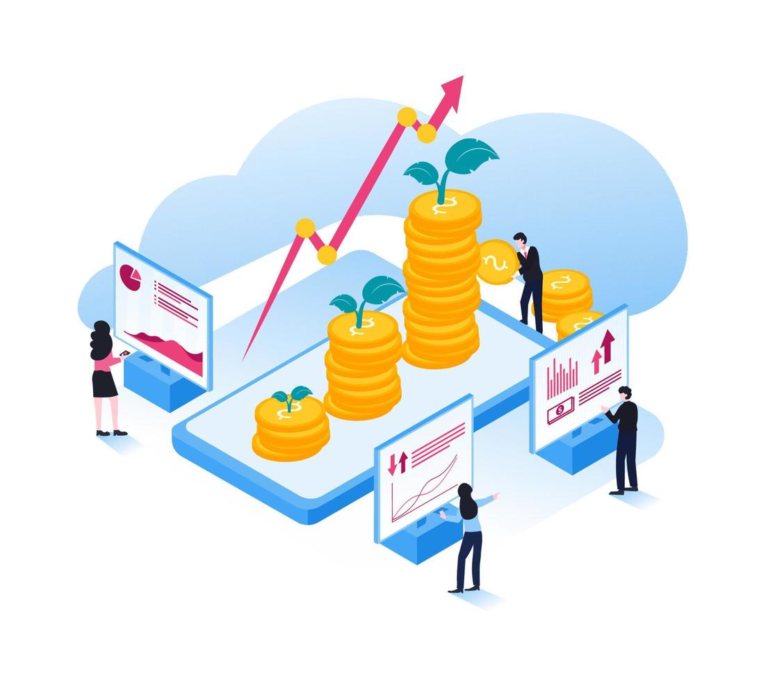 illustration des geschäftsinvestitions-, finanz- und teamwork-konzepts im modernen flachen design. Geschäftsleute, die zusammenarbeiten und ein erfolgreiches Finanzsystem aufbauen vektor