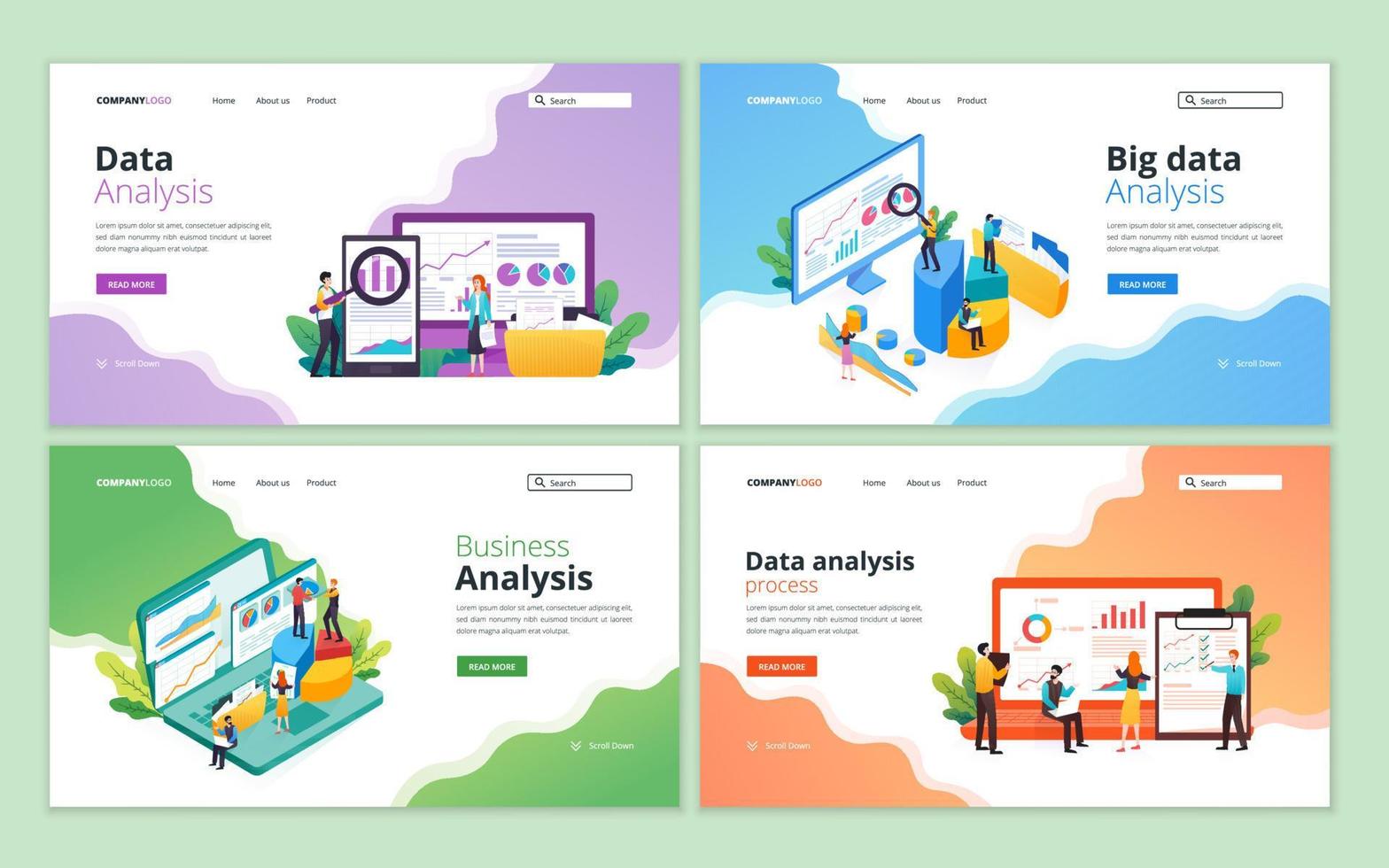 satz von webseiten-designvorlagen für die datenanalyse. big data research, seo-analyse, website-analysekonzept für die website- und mobile website-entwicklung vektor