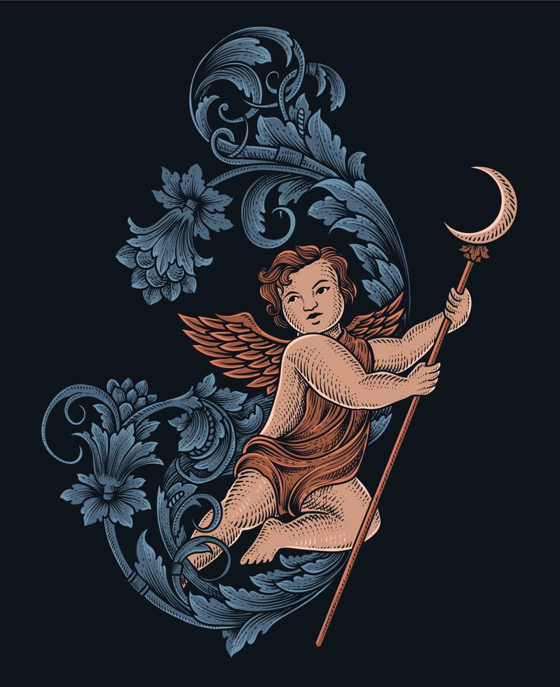 illustration cupid ängel med gravyr prydnad antik stil vektor