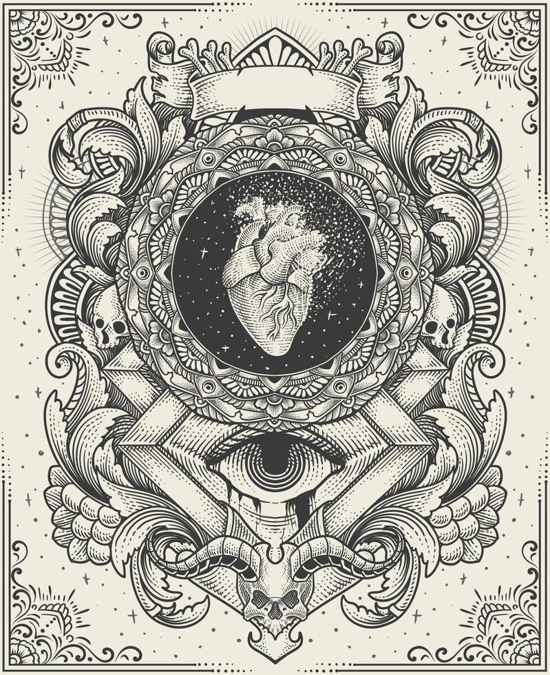 illustration antik hjärta med årgång gravyr prydnad vektor