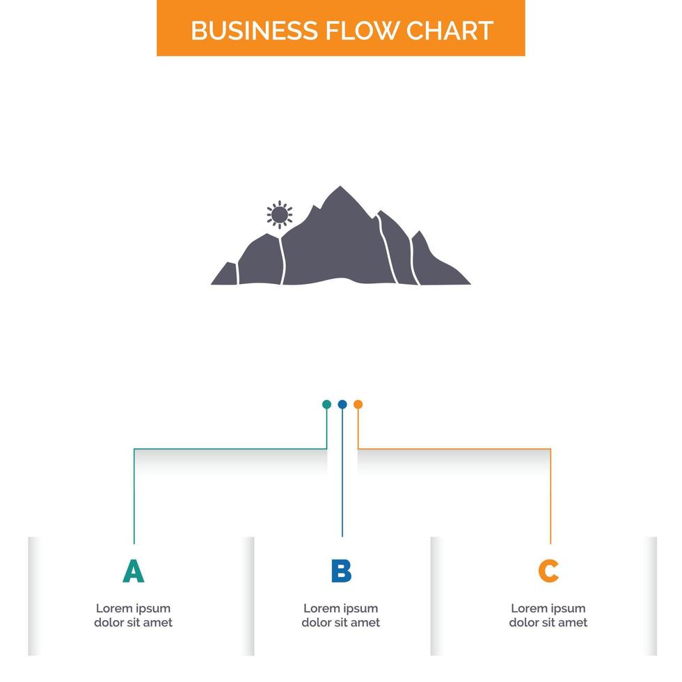 hügel. Landschaft. Natur. Berg. Szene Business Flow Chart-Design mit 3 Schritten. Glyphensymbol für Präsentationshintergrundvorlage Platz für Text. vektor