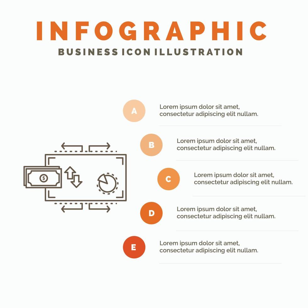 finansiera. flöde. marknadsföring. pengar. betalningar infographics mall för hemsida och presentation. linje grå ikon med orange infographic stil vektor illustration