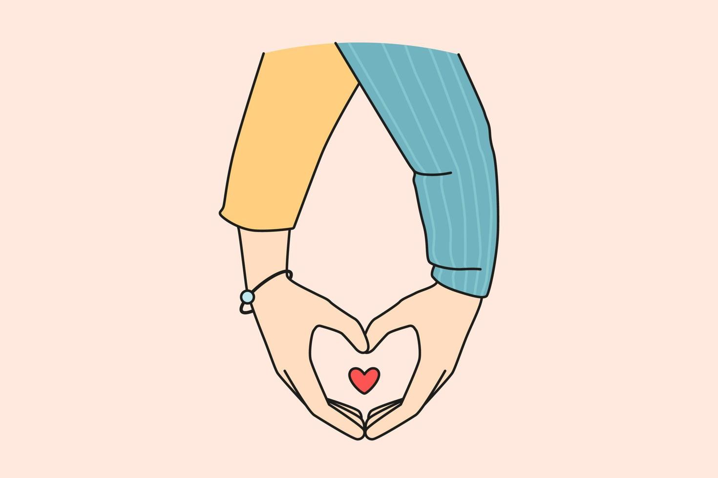Händchen haltendes Paar zeigt Herzzeichen mit den Fingern. mann und frau demonstrieren liebessymbol fühlen liebe und zuneigung. Beziehungskonzept. Vektor-Illustration. vektor
