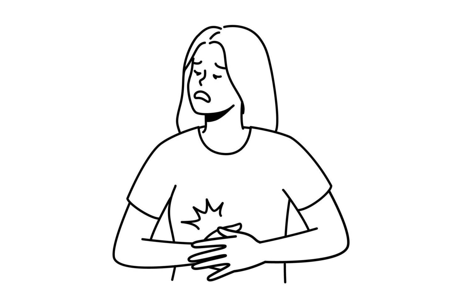 ohälsosam ung kvinna lida från akut magont. sjuk kvinna kamp med mage smärta eller spasm. sjukvård. vektor illustration.
