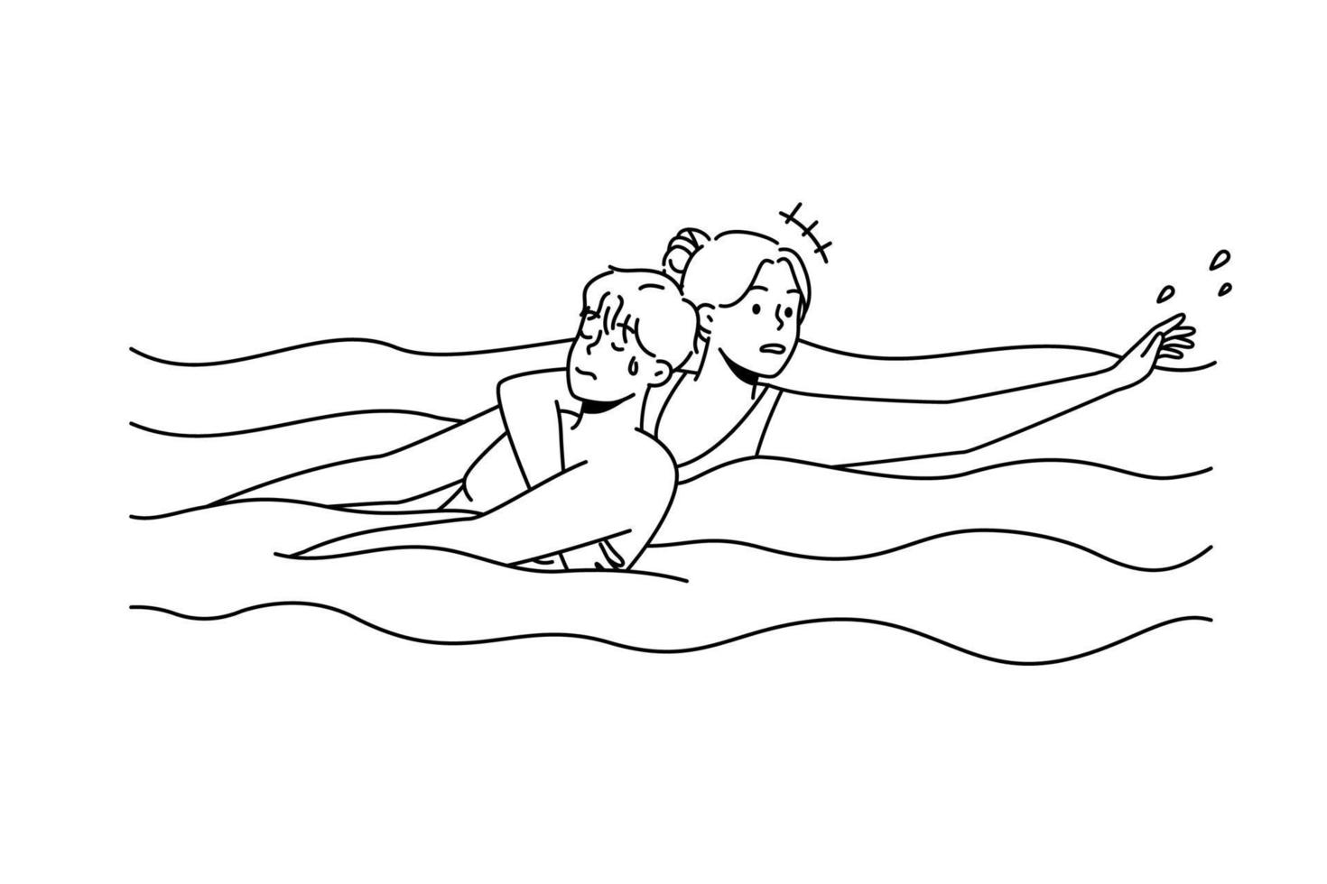 Frau rettet Mann, der im Wasser ertrinkt. rettungsschwimmer helfen kerl, der im schwimmbad untergeht. Notfall und Rettung. Vektor-Illustration. vektor