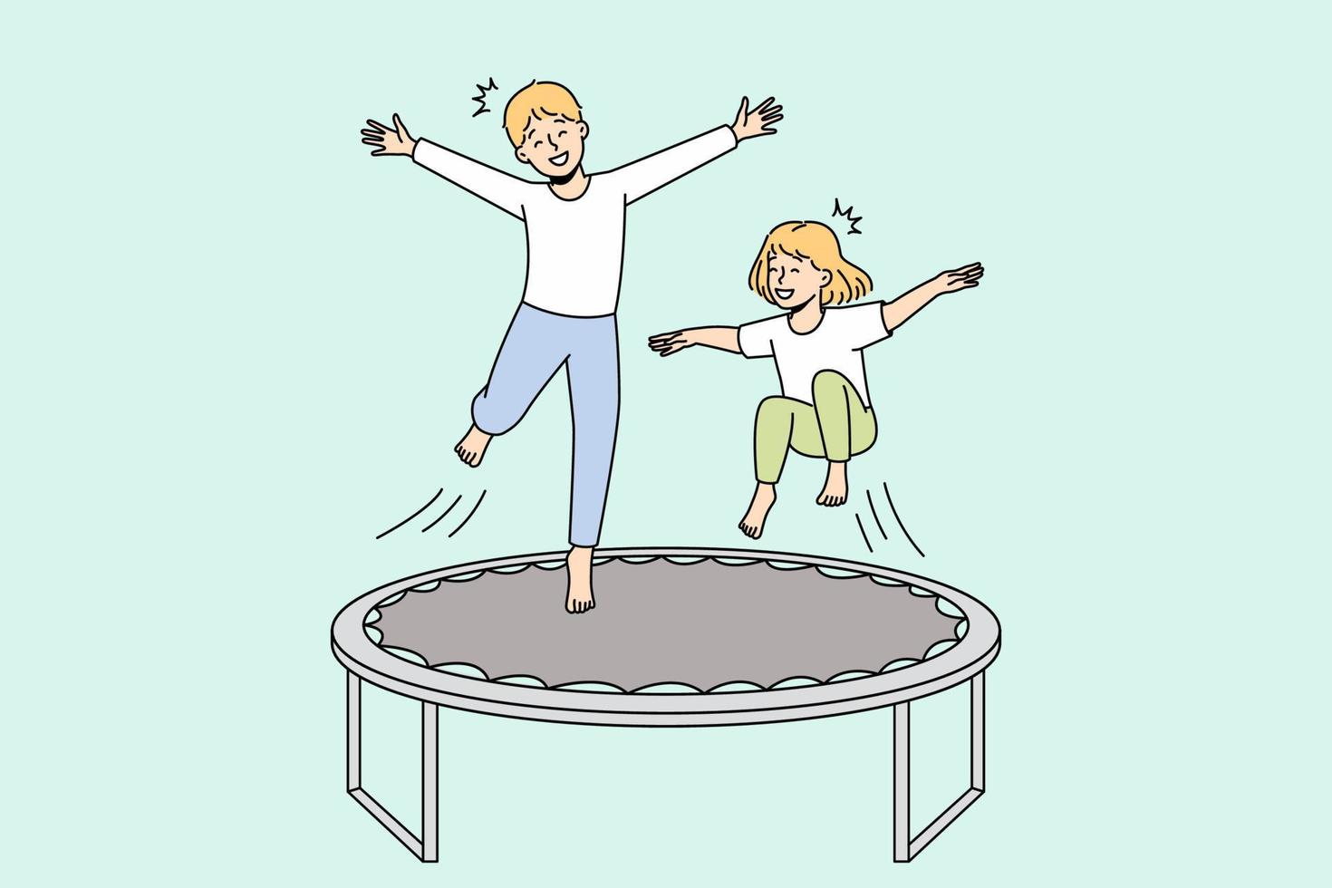 lycklig små barn ha roligt Hoppar på trampolin utomhus. leende liten barn njut av spelar utanför involverad i rolig lekfull spel. barndom fritid. vektor illustration.