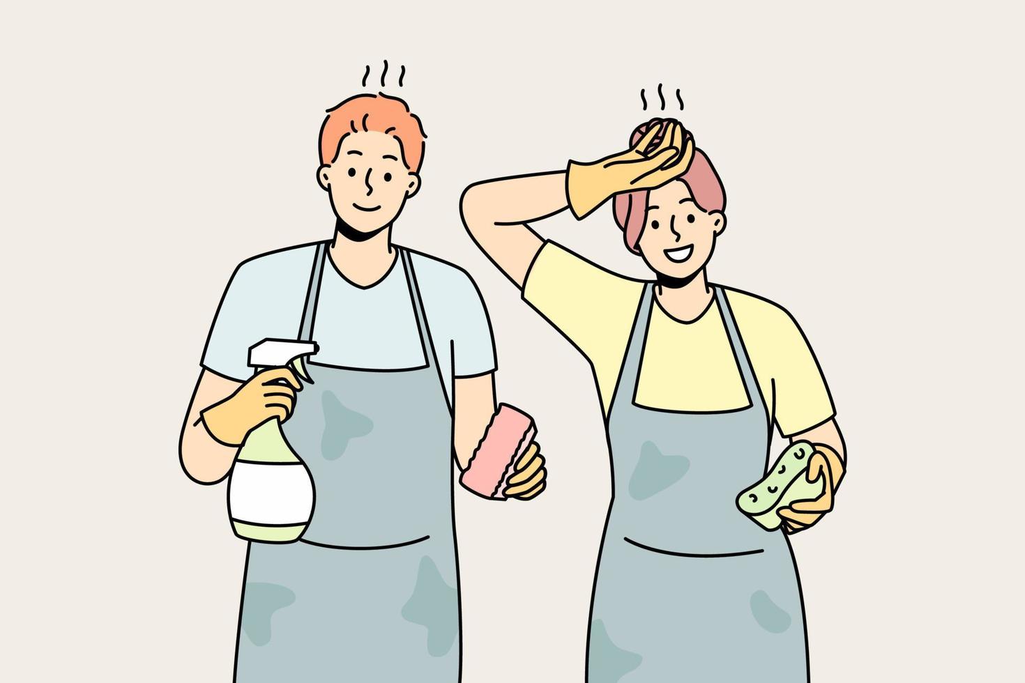 utmattad par känna trött efter hus rengöring. man och kvinna i förkläden hushållning tillsammans. hushåll sysslor. vektor illustration.