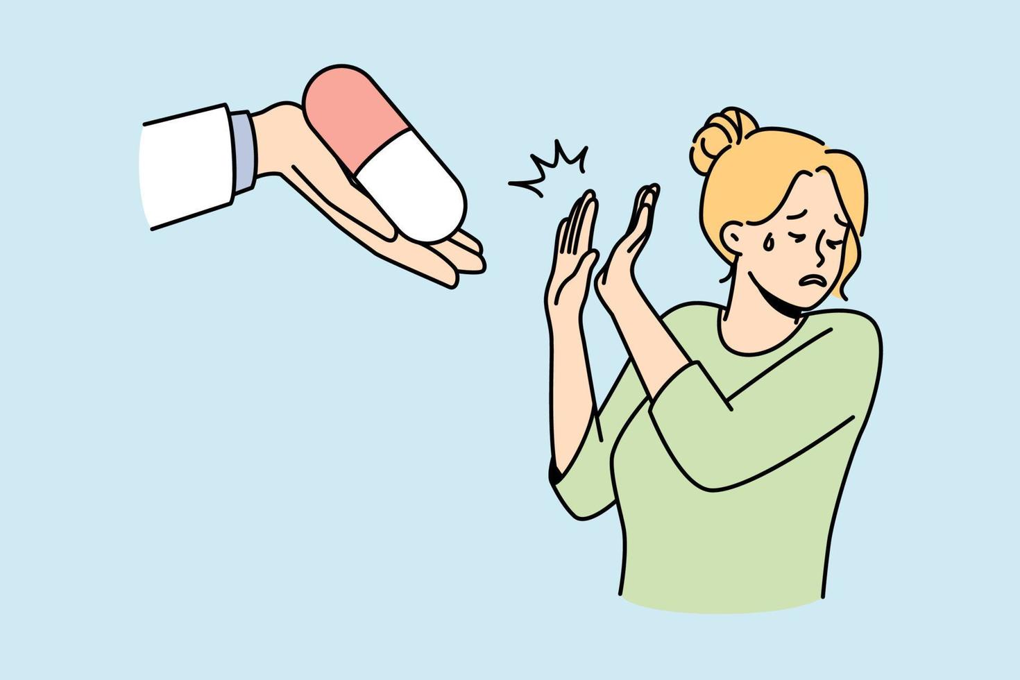 olycklig kvinna vägra tar medicin erbjuds förbi läkare. angelägen frustrerad flicka avvisa medicin eller piller från medicinsk recept. vektor illustration.