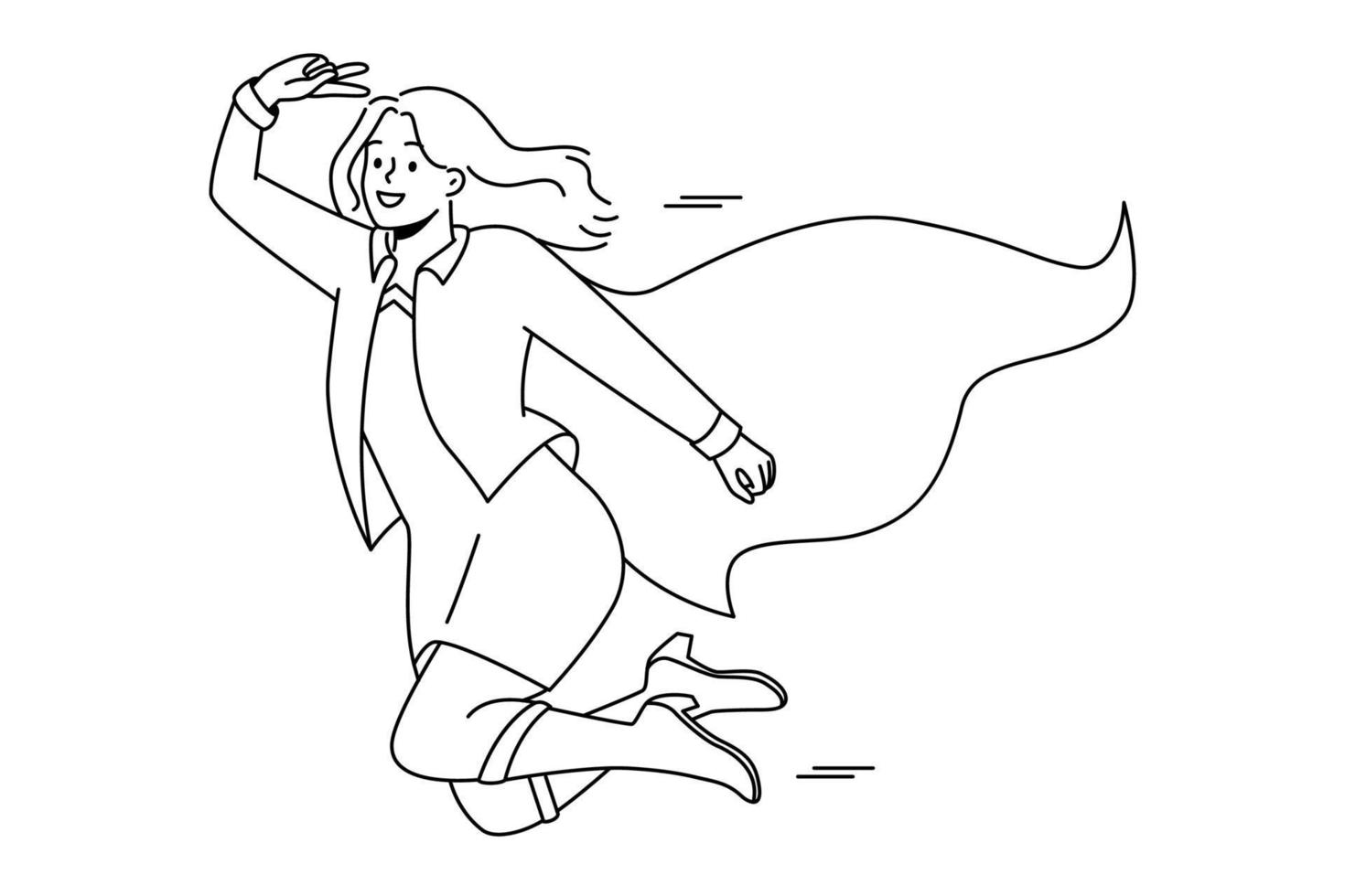 leende affärskvinna i superhjälte kostym flygande i himmel. Lycklig kvinna klädd som super hjälte känna motiverad och framgångsrik med företag prestation. vektor illustration.