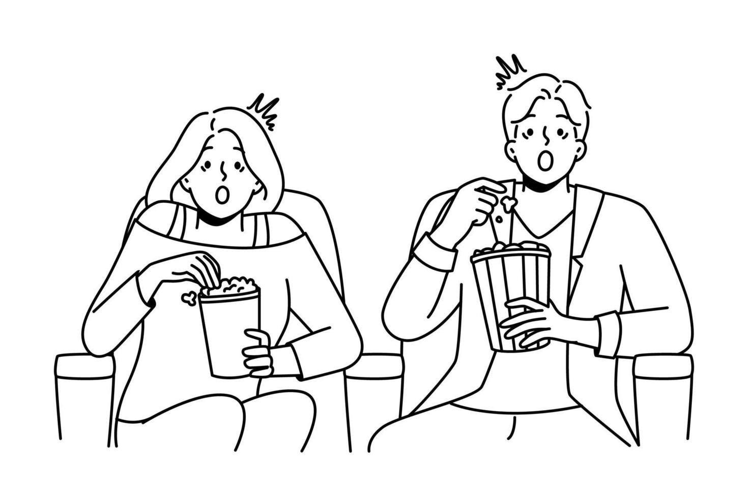par äta popcorn njut av film i bio. emotionell man och kvinna känna bedövad med filma i teater. underhållning och helgen. vektor illustration.