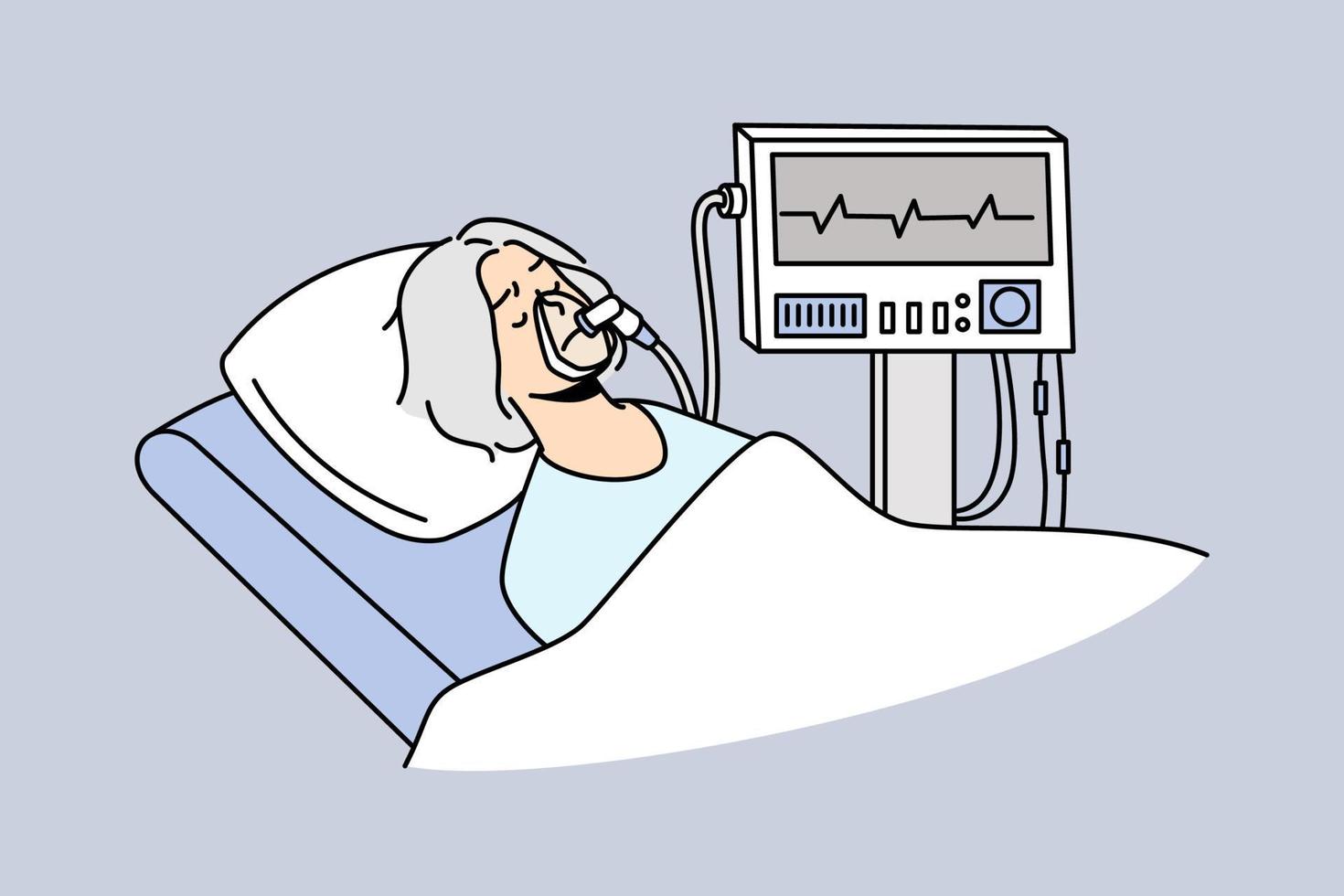 gammal kvinna i mask liggande under fläkt i sjukhus. mogna patient andas med ventilerande maskin. icu sjukhus intensiv. vektor illustration.