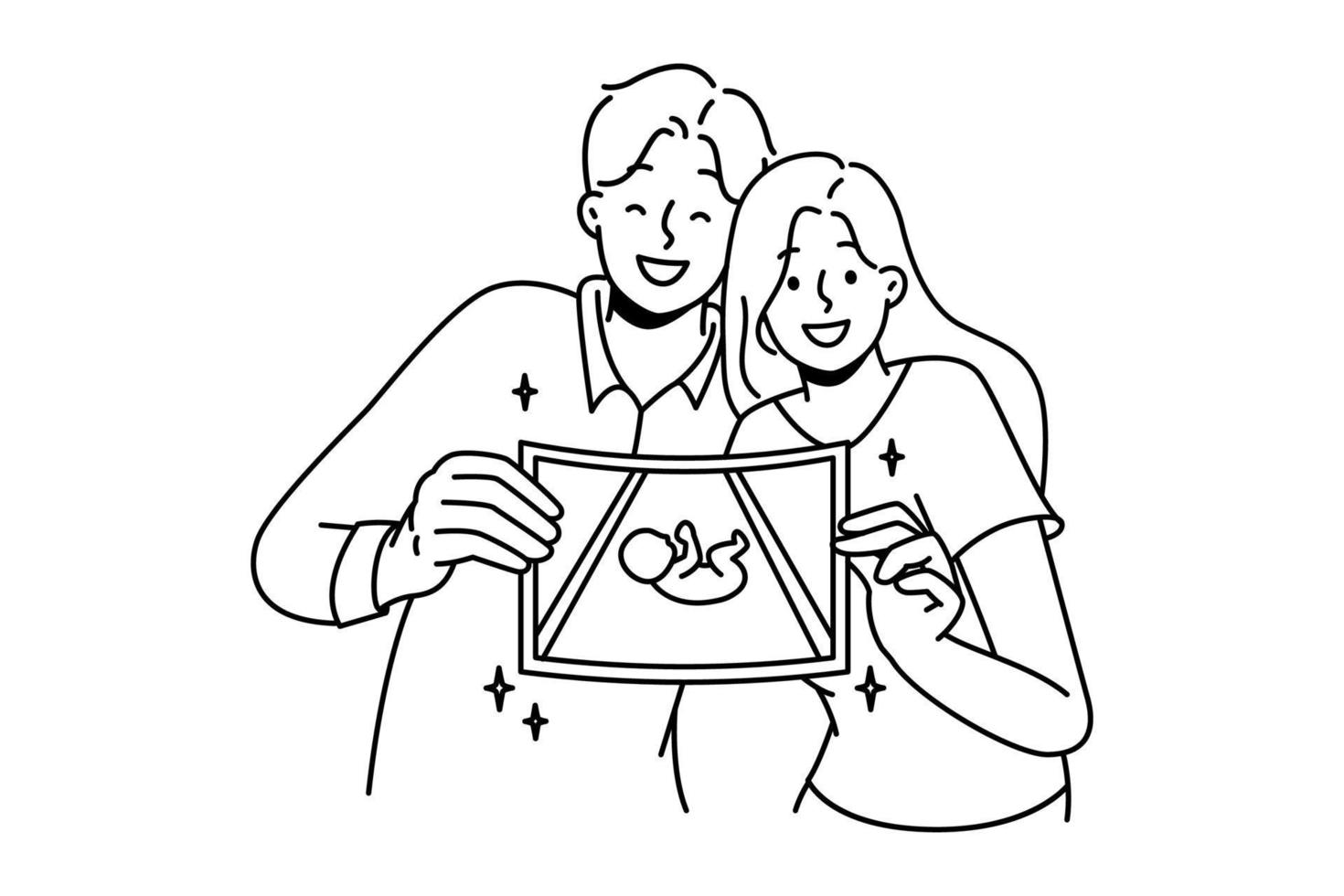 Lycklig par som visar bild av embryo. leende man och kvinna demonstrera ultraljud av bebis upphetsad med graviditet och föräldraskap. vektor illustration.