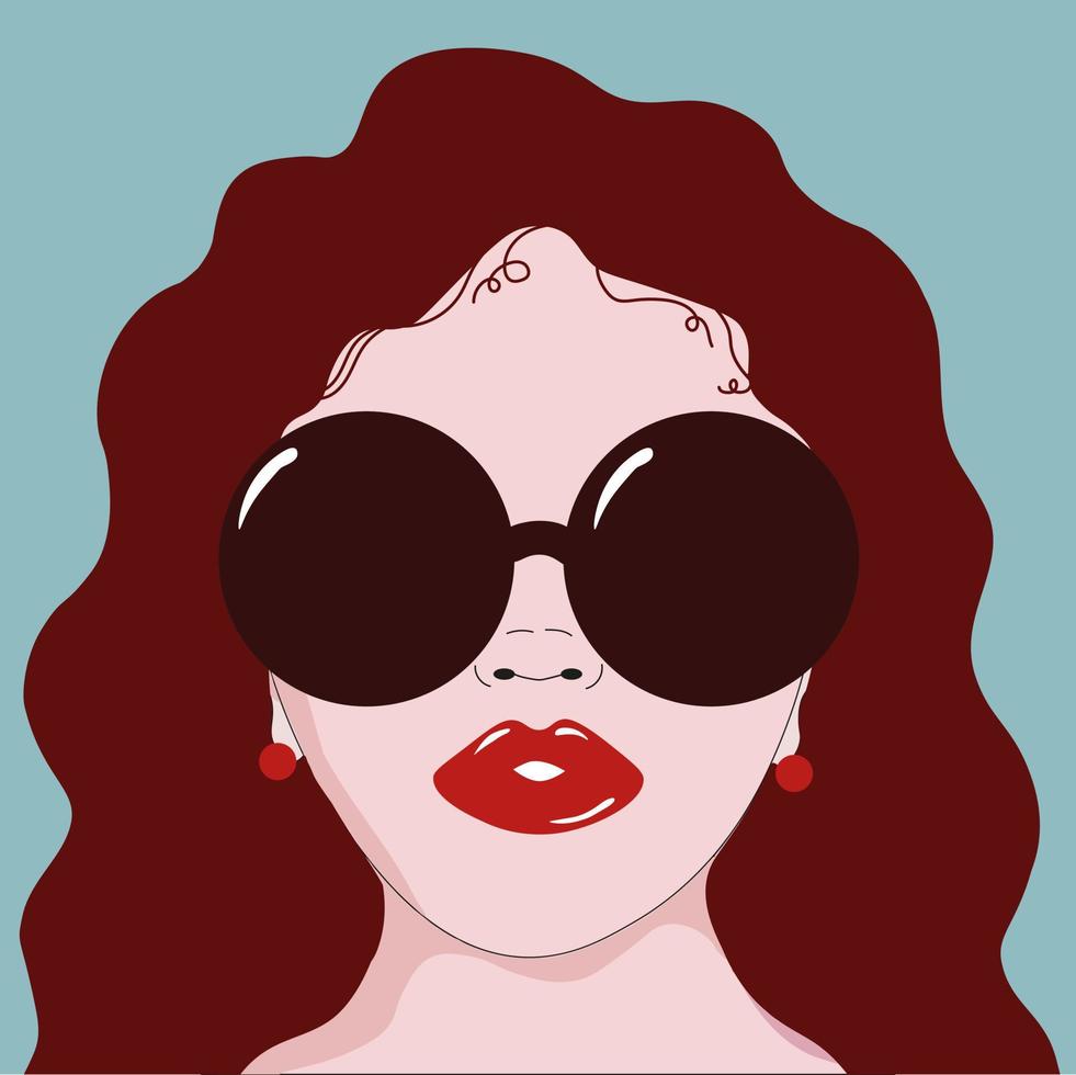 flicka i solglasögon med brun hår, röd mun. illustration av en flicka med lockigt hår på en blå bakgrund. affisch, vykort med en kvinna. vektor