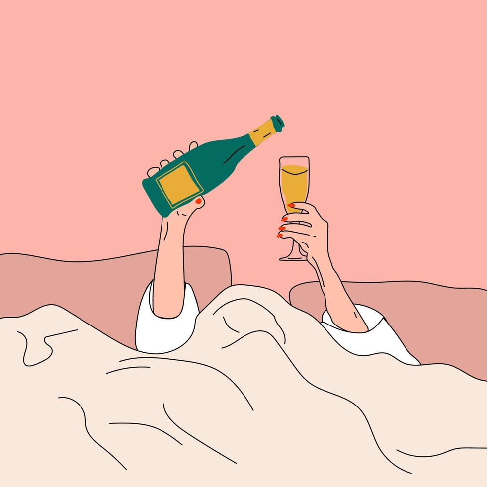 Hände gießen Champagner in ein Glas im Bett. Vektor. Morgenfeier vektor