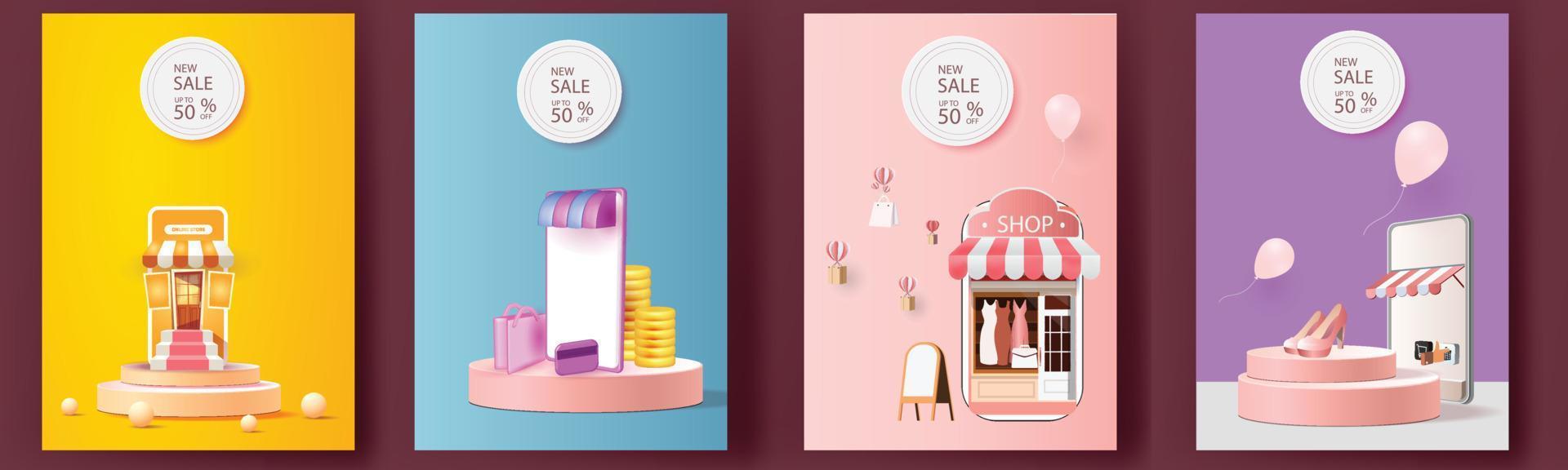 online shopping på telefon köp sälj företag digital webb banner ansökan pengar reklam betalning e -handel vektor illustration sök