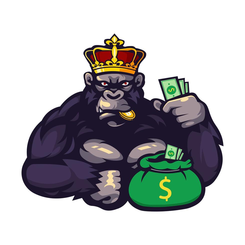 könig gorilla hält geld maskottchen logo design illustration vektor mit transparentem hintergrund